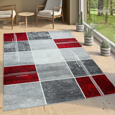 Grey Red White Area Rug Checked with Marble Effect Mottled Colors