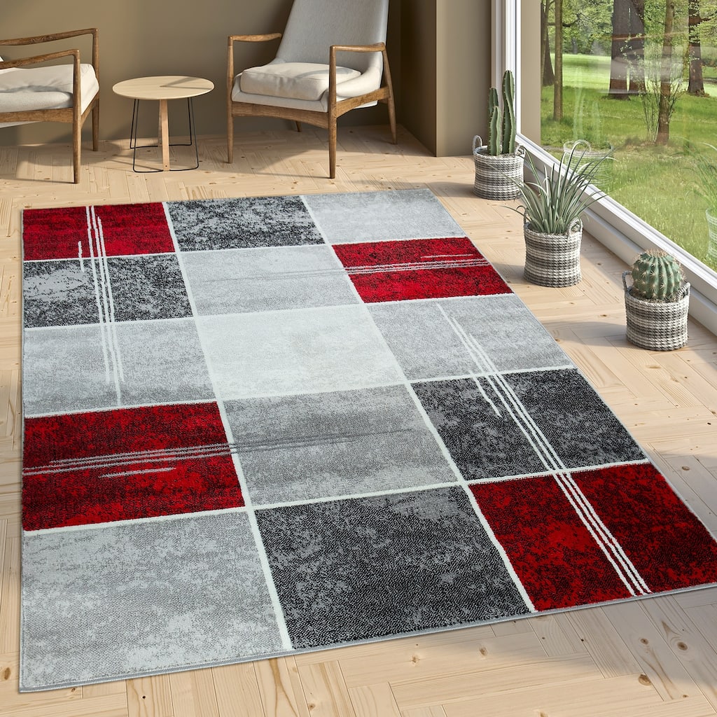 Grey Red White Area Rug Checked with Marble Effect Mottled Colors