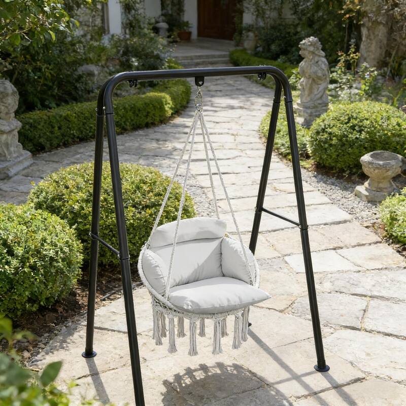 GDFStudio - Maribel Boho-Inspired Hanging Hammock Swing Chair with Plush Cushion Support - Gray