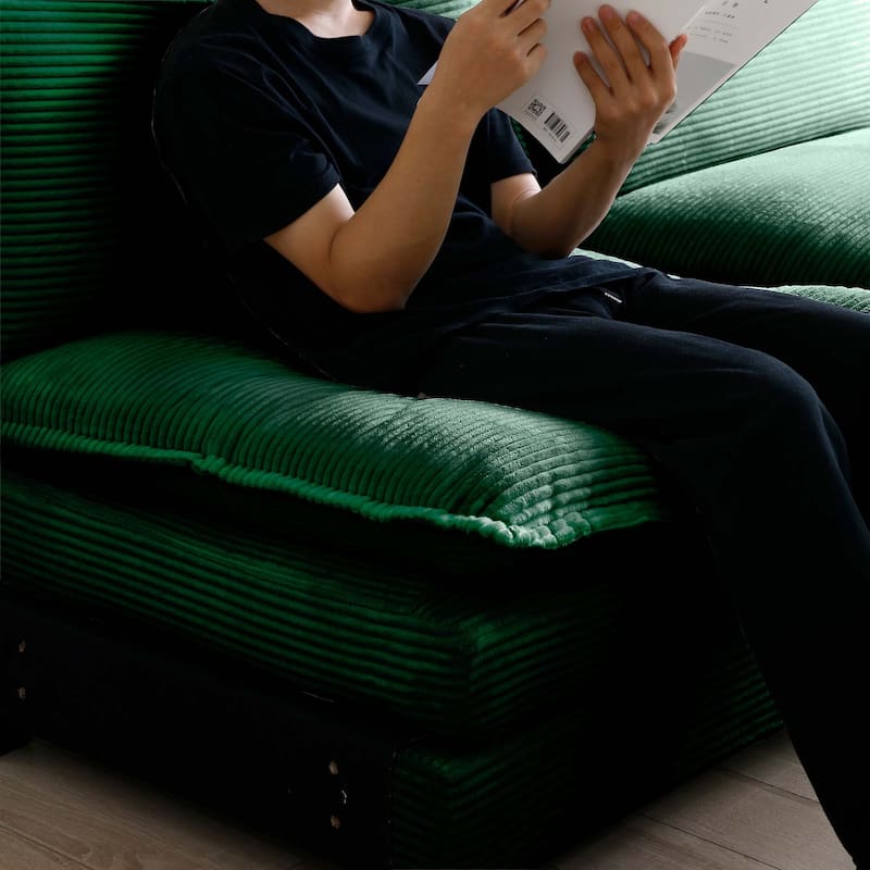 Green 6-Piece Corduroy Modular Sleeper Sectional Sofa with 3 Ottomans & 5 Pillows