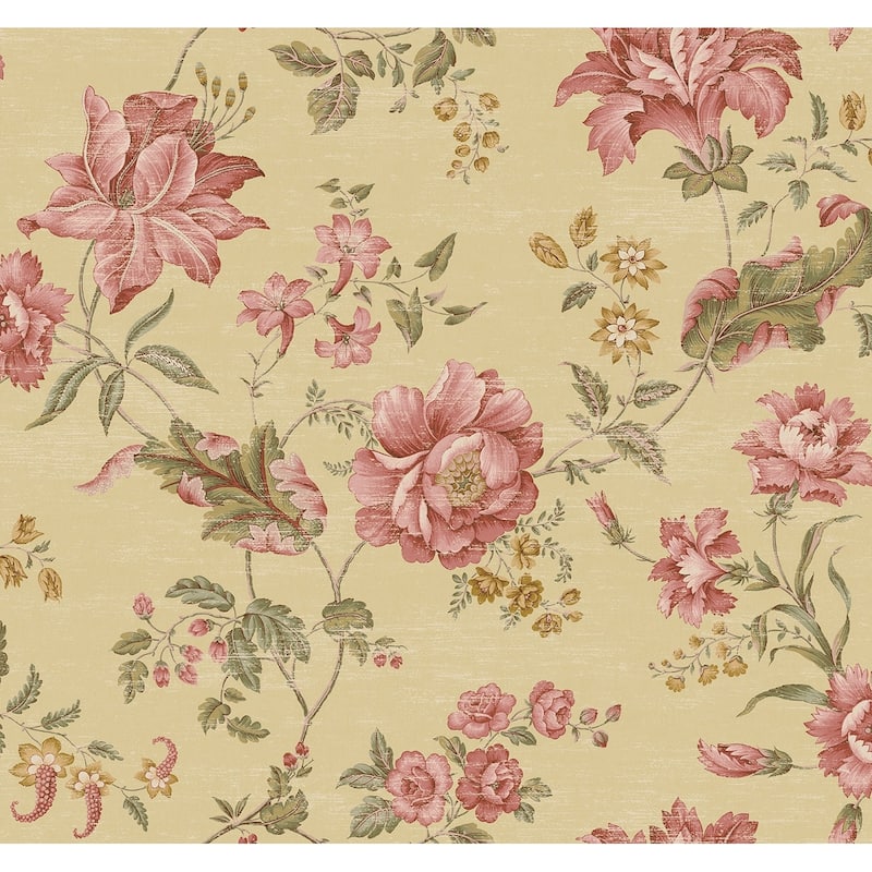 Seabrook Designs Niketa Floral Trail Unpasted Wallpaper - 27 in. W x 27 ft. L - Metallic Parchment & Raspberry