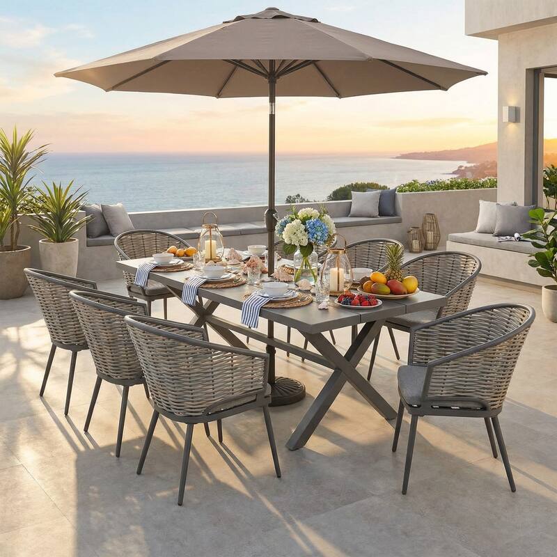 9-Piece Aluminum Outdoor Dining Set with PE Rattan Chairs