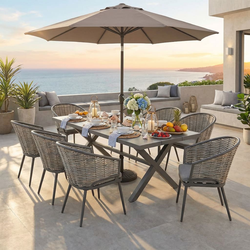 9-Piece Aluminum Outdoor Dining Set with PE Rattan Chairs