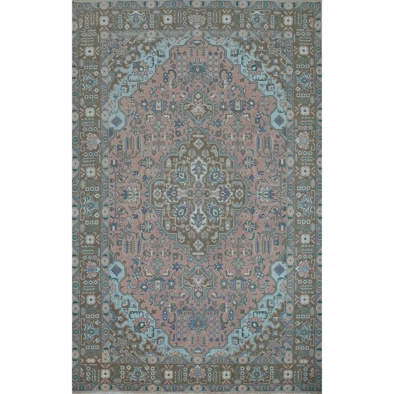 Pink Geometric Tabriz Persian Vintage Rug Handmade Wool Carpet - 6'6" x 9'8"