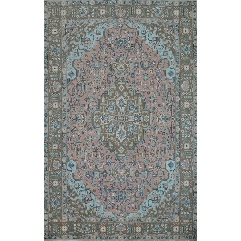 Pink Geometric Tabriz Persian Vintage Rug Handmade Wool Carpet - 6'6" x 9'8"