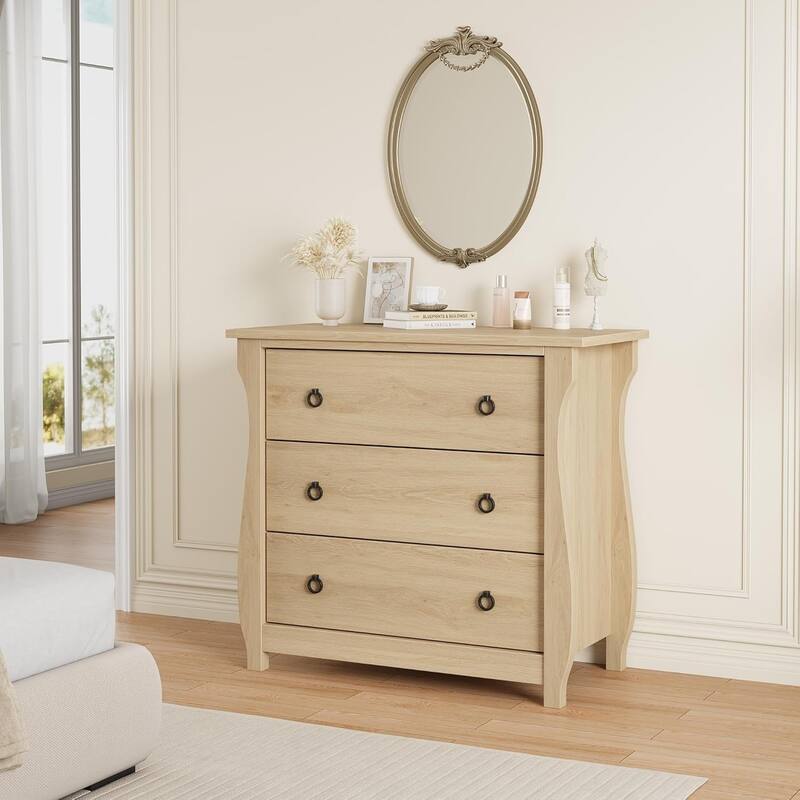 3-Drawer Dresser, Curved Legs, Rattan Trim, Freestanding Storage, White