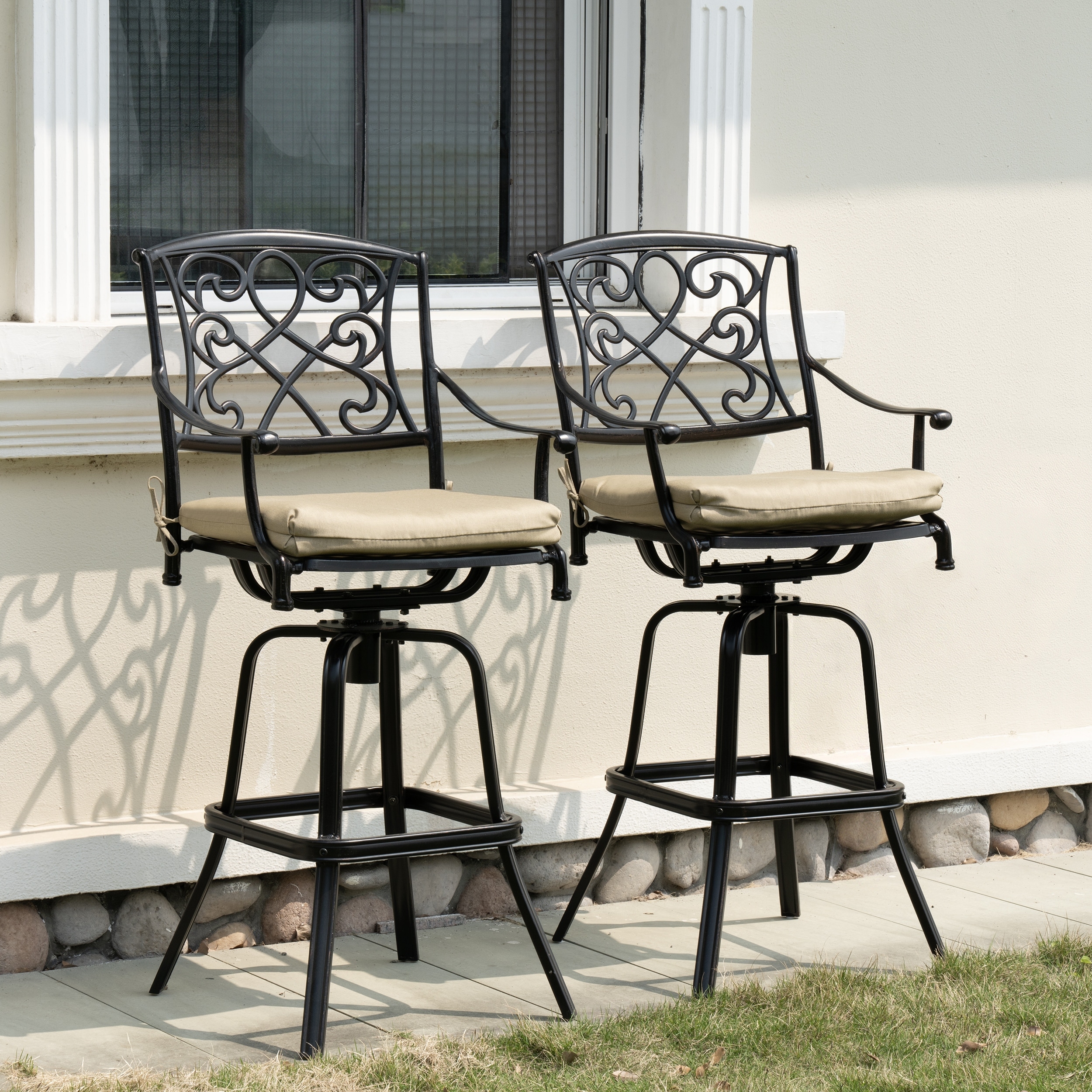 Crestlive Outdoor Cast Aluminum Swivel Bar Height Patio Bar Stools with Sunbrella Cushions