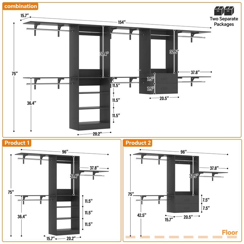 Closet System with 2 Sets, 154'' Walk-in Closet Organizer System with 2 Drawers & 8 Hanging Rods & 6 Reversible Shelf Towers