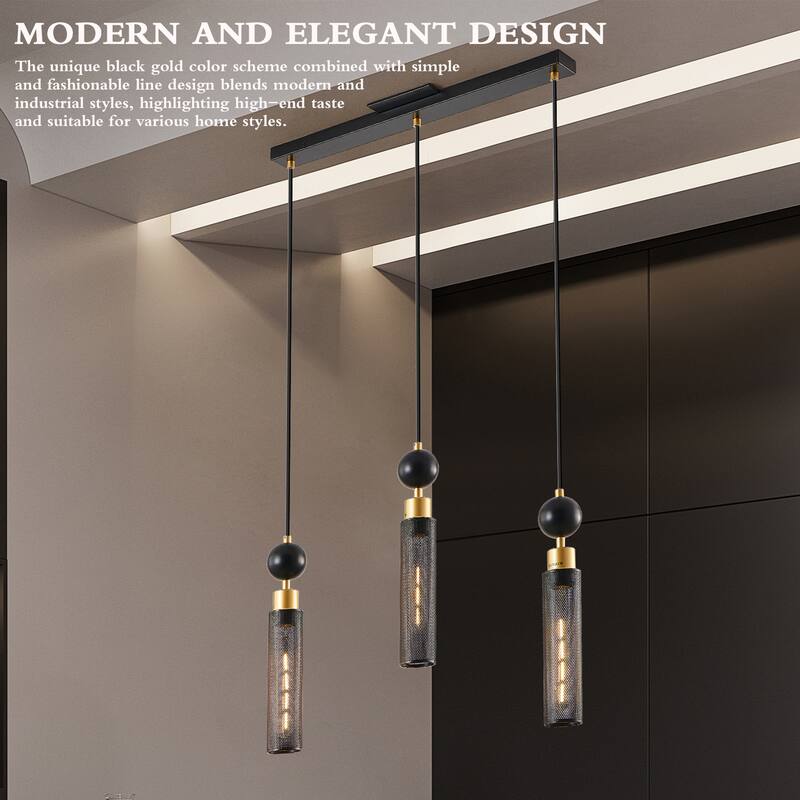 25" Modern Black & Gold 3-Light Pendant Chandelier