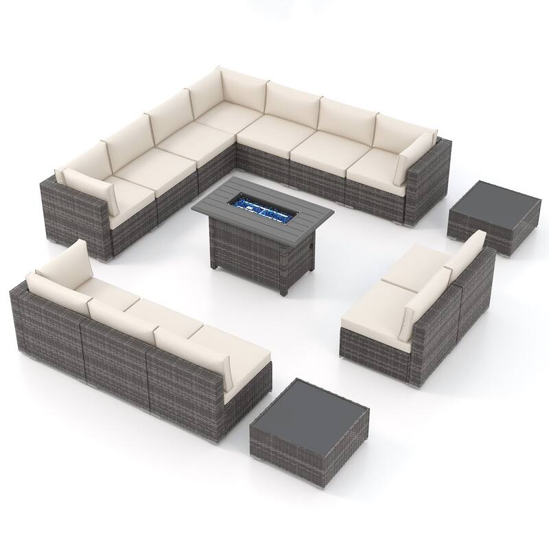 15 Piece Wicker Set Patio Sofa Furniture with Fire Pit And Table