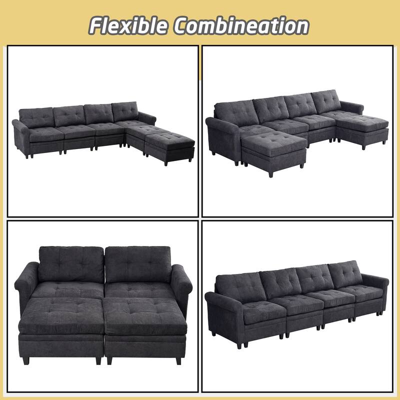 Convertible Sectional Couch, U Shaped Sofa with Adjustable Ottomans, Antique Grey White