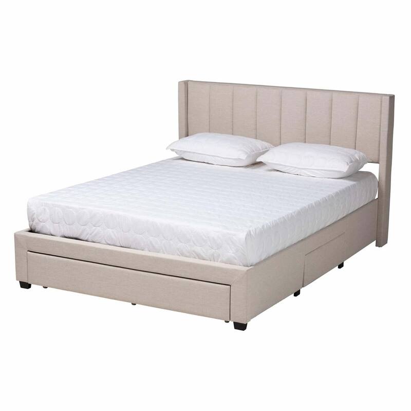 Queen Storage Platform Bed with 3 Drawers, Beige Fabric Upholstery, Mid-Century Modern Minimalist Style