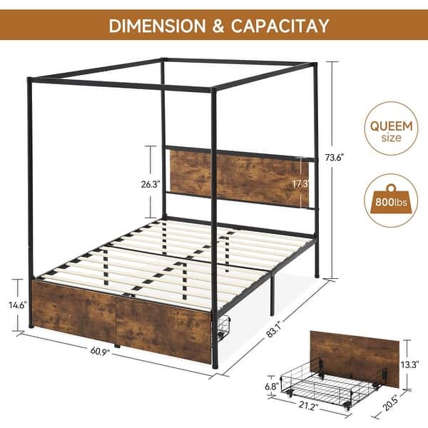 Four-Poster Queen Size Canopy Bed Frame with 2 Storage Drawers