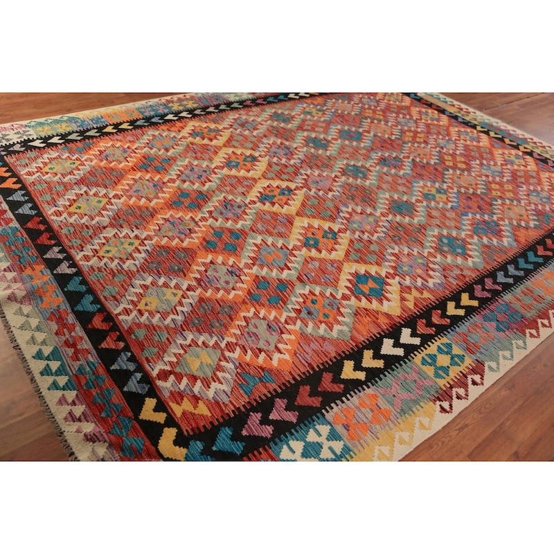 Geometric Kilim Reversible Rug Oriental Flatweave Wool Carpet - 8'5"x 11'5"