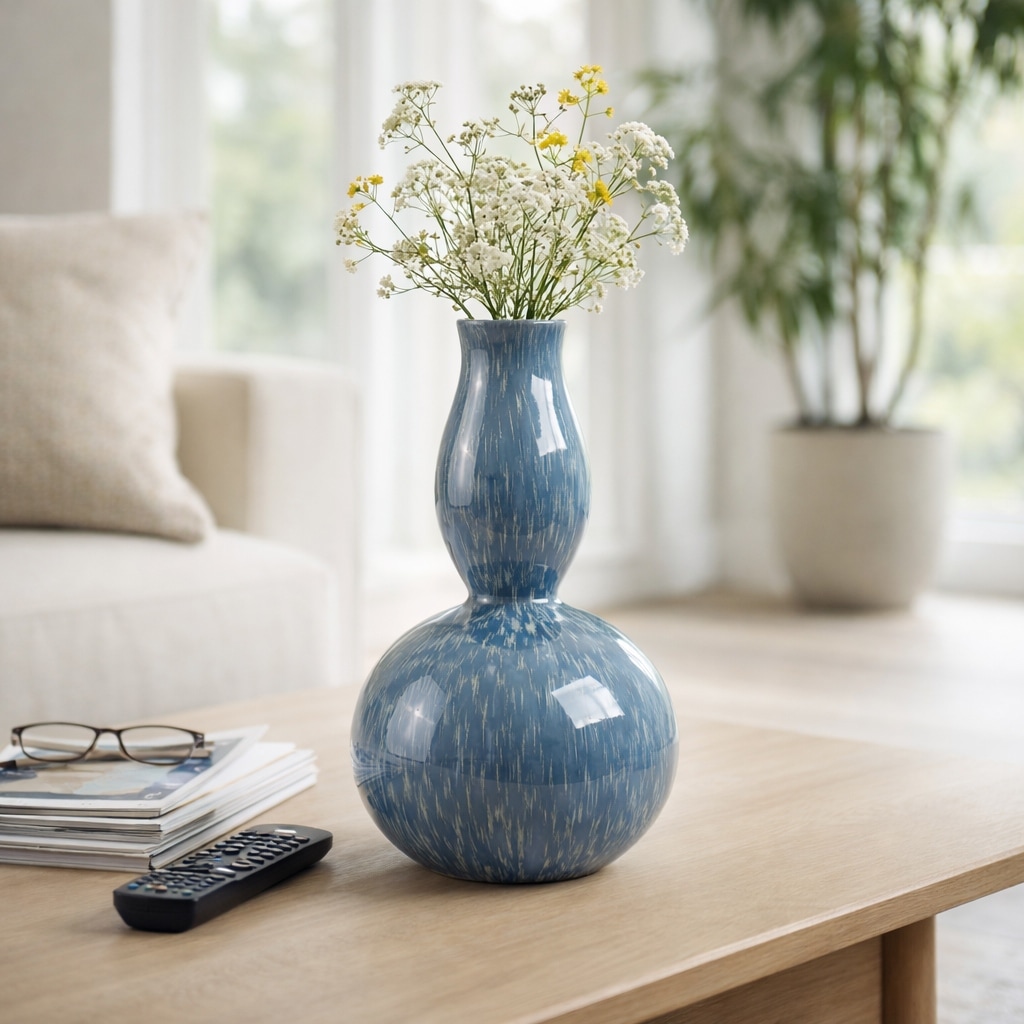 Decorative Vase - Blue Ceramic Double-Gourd Glossy, 18 in.