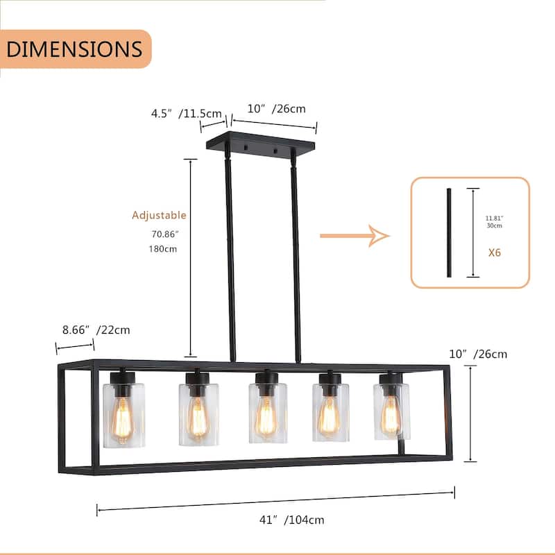 Modern Black 5-Light Rectangle Iron Frame Kitchen Island Pendant Lighting Fixture
