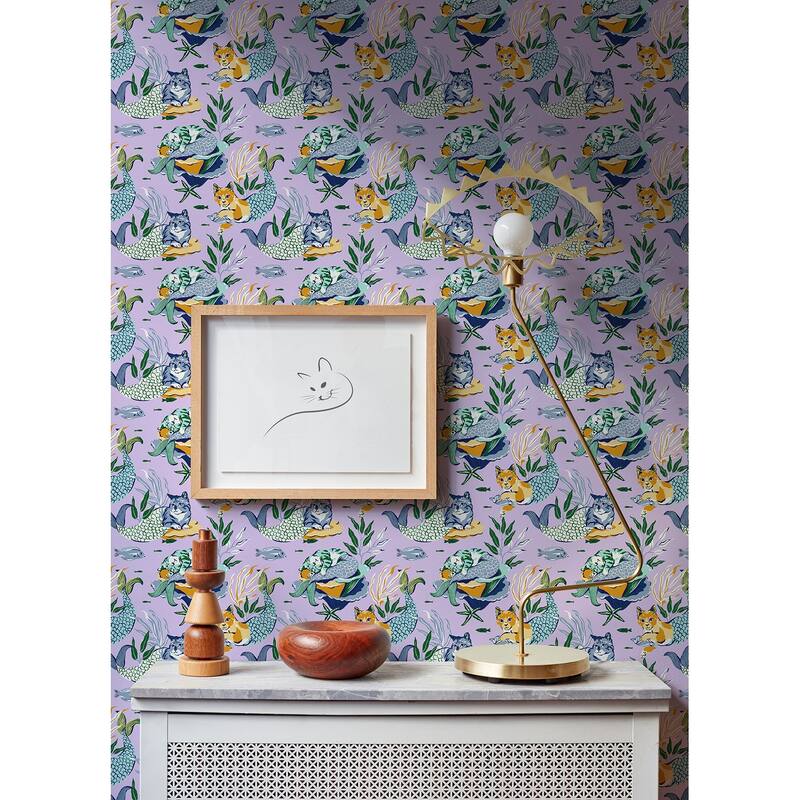 PrintFresh Meowing Mermaids Lavender Peel and Stick Wallpaper