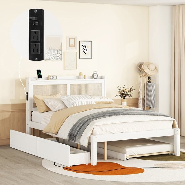 slide 2 of 17, Queen Size Bed Frame w/ Rattan Headboard & Sockets Wooden Platform Bedframe w/ Trundle & Storage Drawers, Noise-Free-White White - Queen