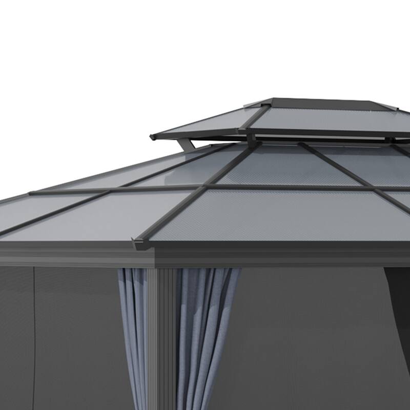 Outsunny 10x12 Hardtop Gazebo with Aluminum Frame, Polycarbonate Gazebo Canopy with Curtains, Netting