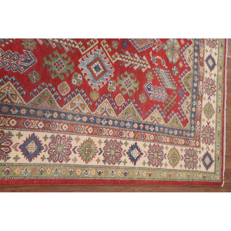 Geometric Kazak Area Rug Hand-Knotted Oriental Wool Carpet - 4'11" x 6'3"