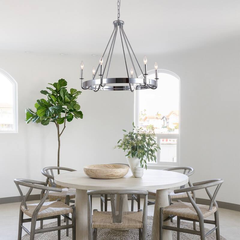 Cusp Barn 28 Inch Farmhouse Wagon Wheel Chandelier, Industrial 6-Light Chrome Round Kitchen Island Pendant Light for Dining Room