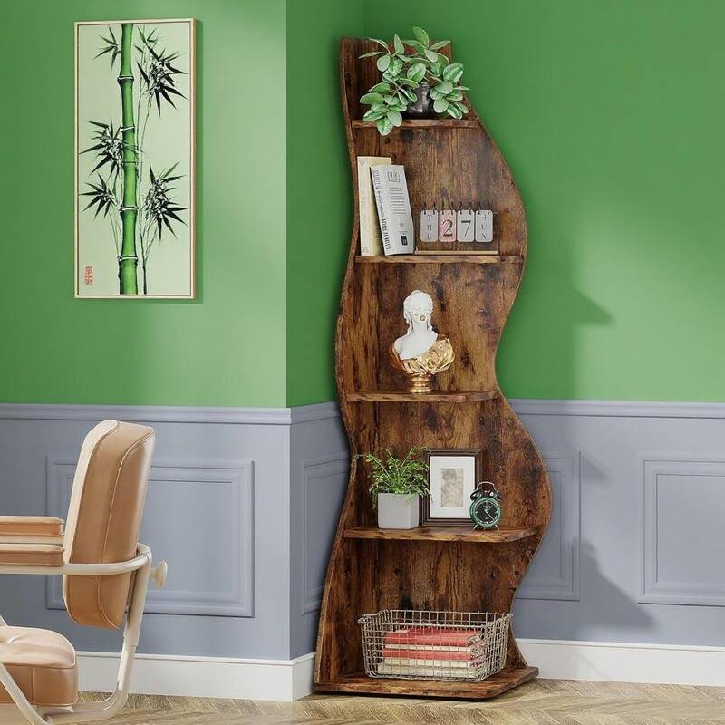 Modern 5-Tier Corner Shelf Unit with Adjustable Shelves for Living Room Office or Bedroom - 19.68” x 18.89” x 69.88”