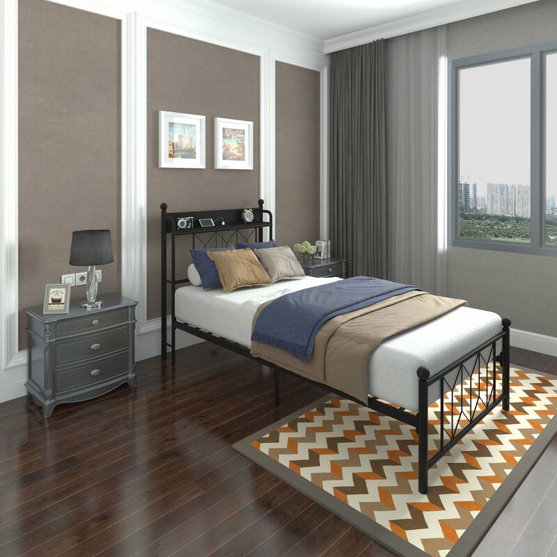 Twin Bed Frames with Headboard and Charging Station and LED Light - Black - Twin