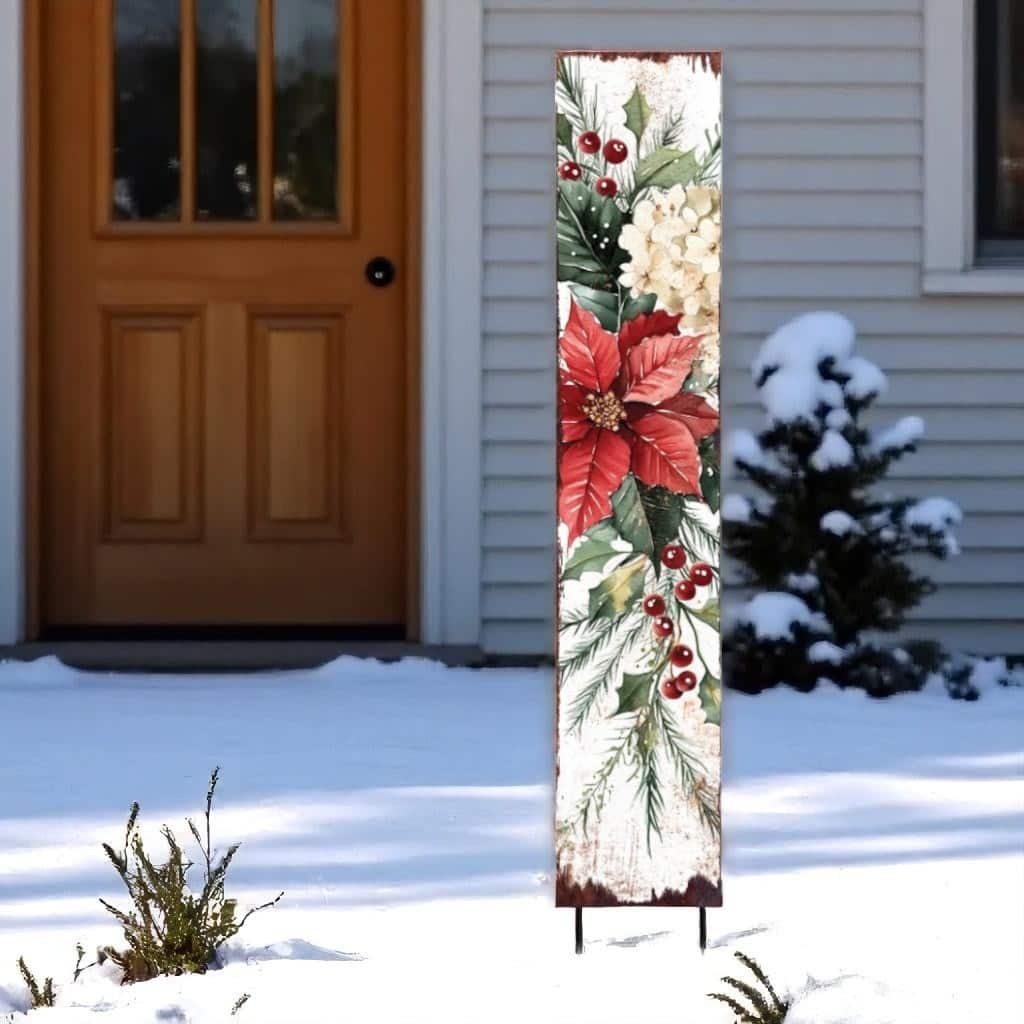 HomeRoots 42" Green Red And White Solid Wood Christmas Poinsettia Garden Stake