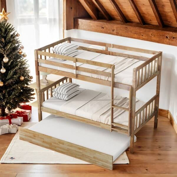 slide 2 of 15, Kid Bed Frame Solid Wood Twin Over Twin Bunk Beds with Trundle,Safety Rail and Ladder Natural