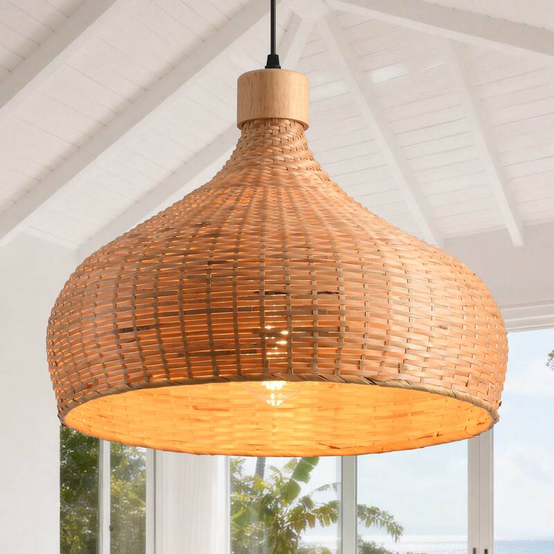 1-Light Retro Brown Handmade Bamboo Woven Dome Hanging Pendant Light - 17.7" W x 59" H
