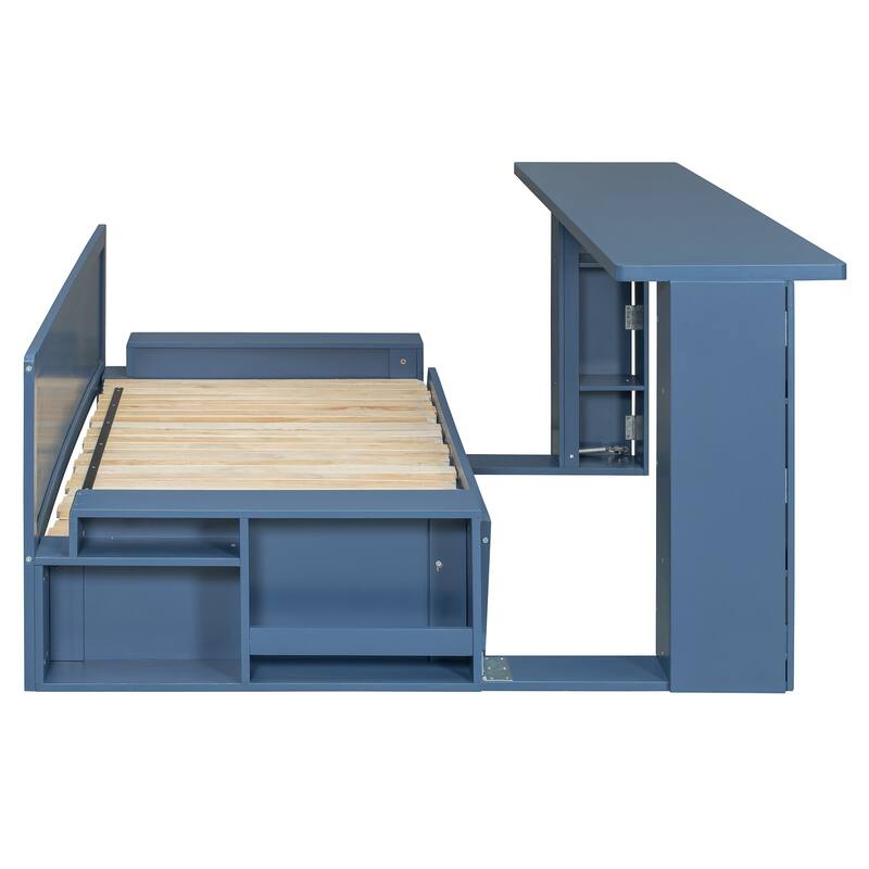 4-in-1 Multifunctional Daybed Storage Bed Frame with Removable Desk, Drawers, Bookcase Shelves and Hydraulic Side Tables