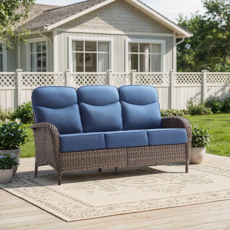 Pocassy Outdoor Sofa Swivel Chair and Ottman with Fire Pit Table - Brown Wicker Blue Cushion - Only 3-Seat Sofa
