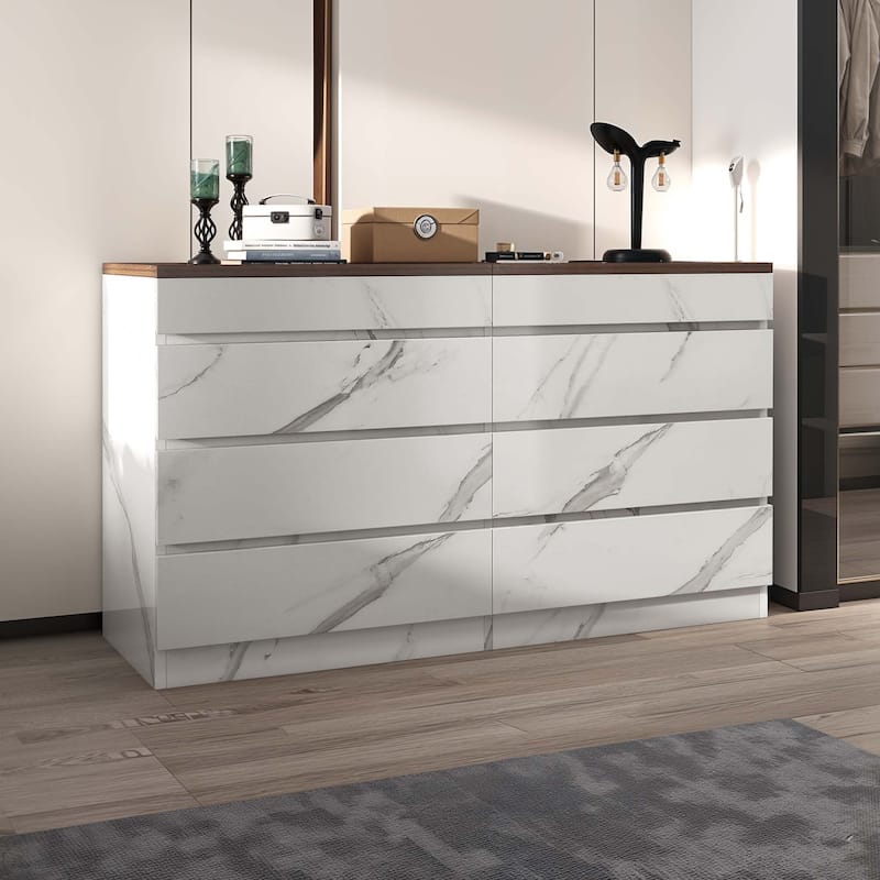 Moasis 8 Drawer Dresser with RGB Light,High Gloss Horizontal Storage Dresser - White Marble