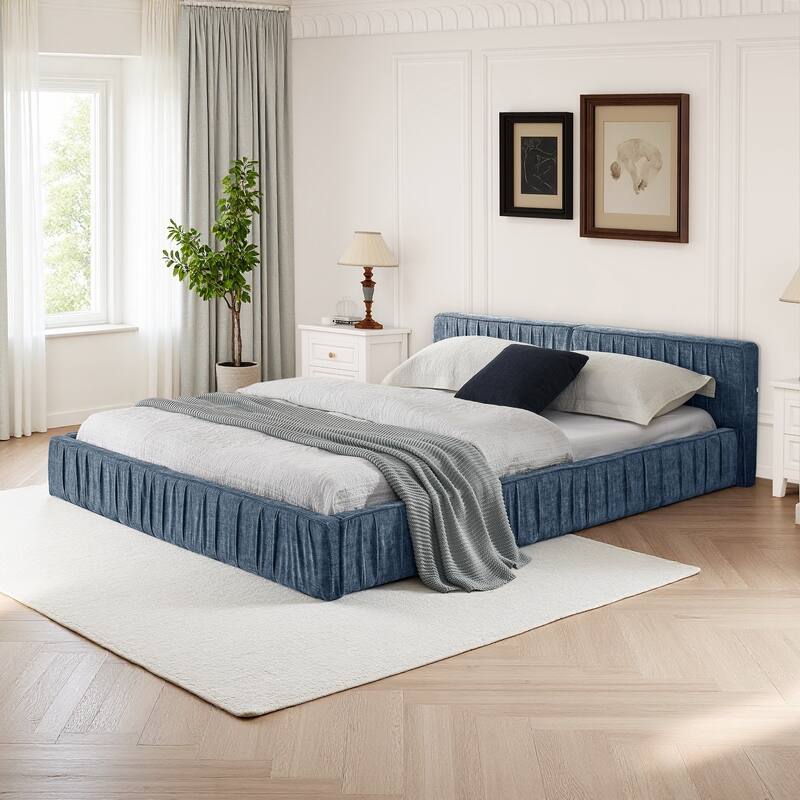 Queen Size Upholstered Bed Frame Chenille Platform Bed with Headboard and Solid Frame