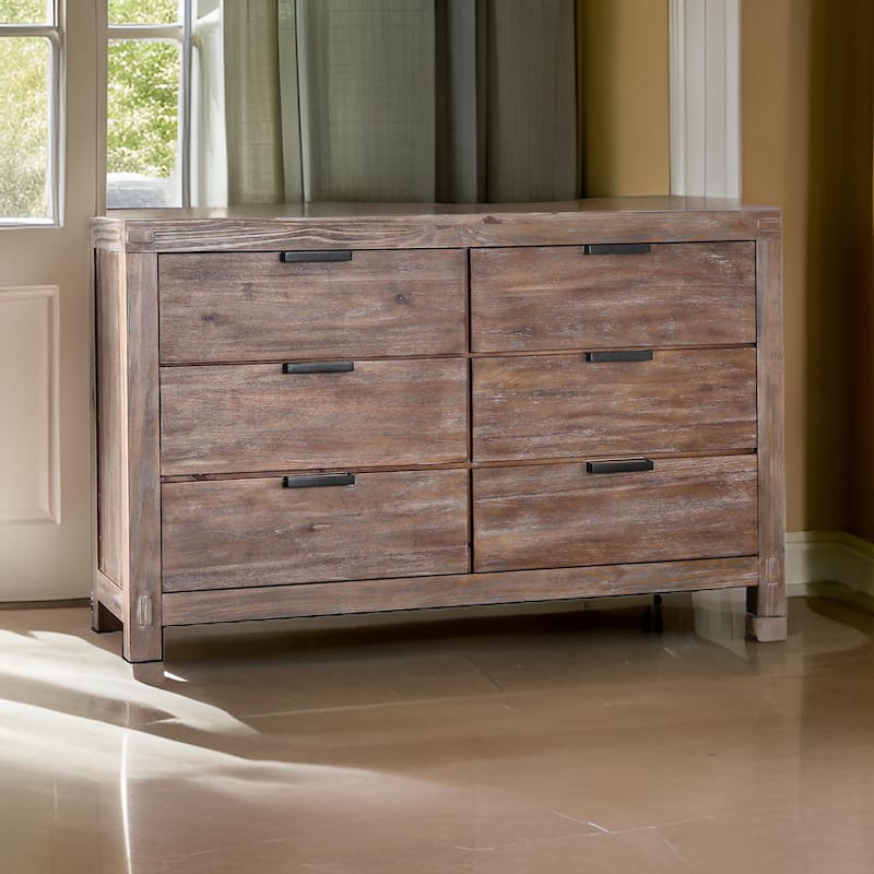 6 Drawer Rustic Style Wooden Dresser with Block Legs, Brown