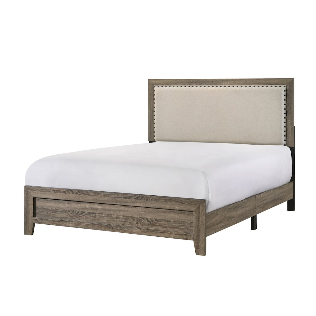 Full Size Wood Panel Bed with Upholstered Headboard and Nailhead Trim