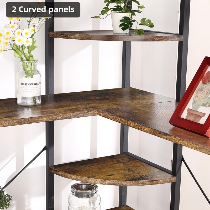 4-Tier L Shaped Industrial Bookshelf Corner Bookcase with Open Shelves and Curved Panels