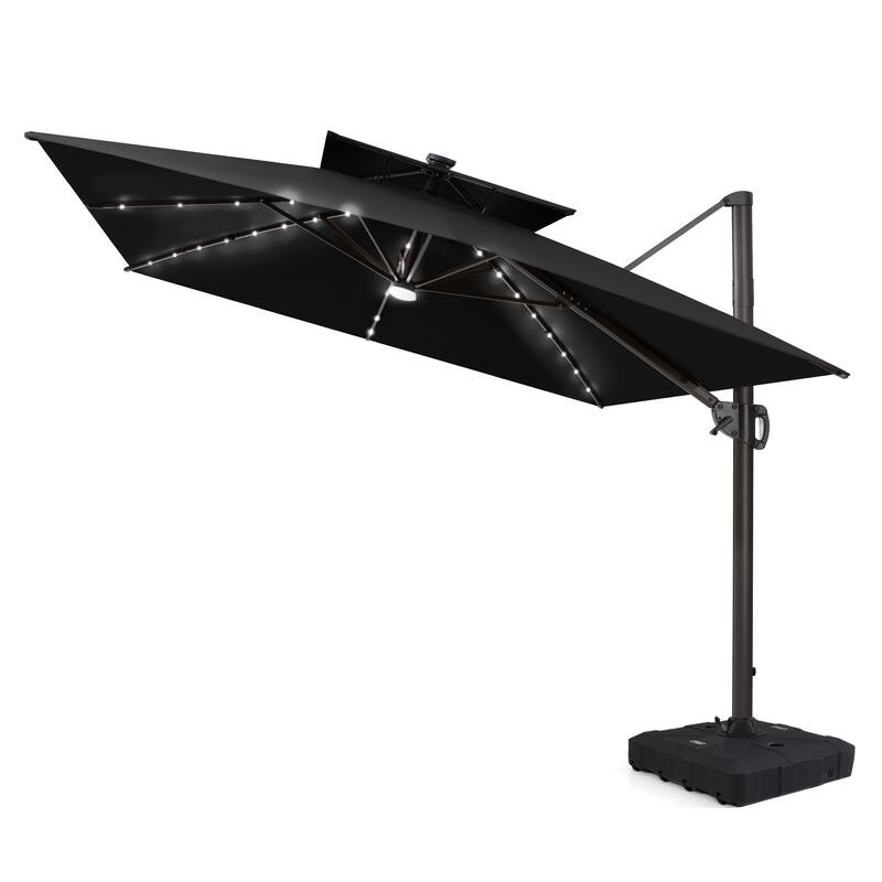 12 x 9 FT Outdoor Patio Aluminum Cantilever Umbrella with Solar Lights Double Canopy with Wheel Base