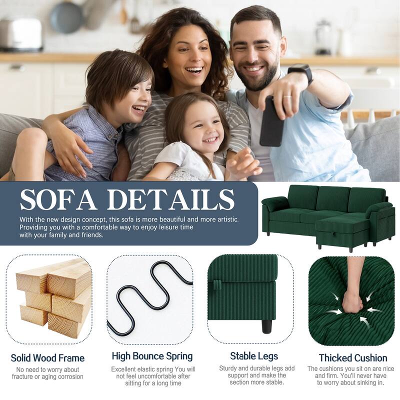 Corduroy Sectional Sofa Couch with Storage