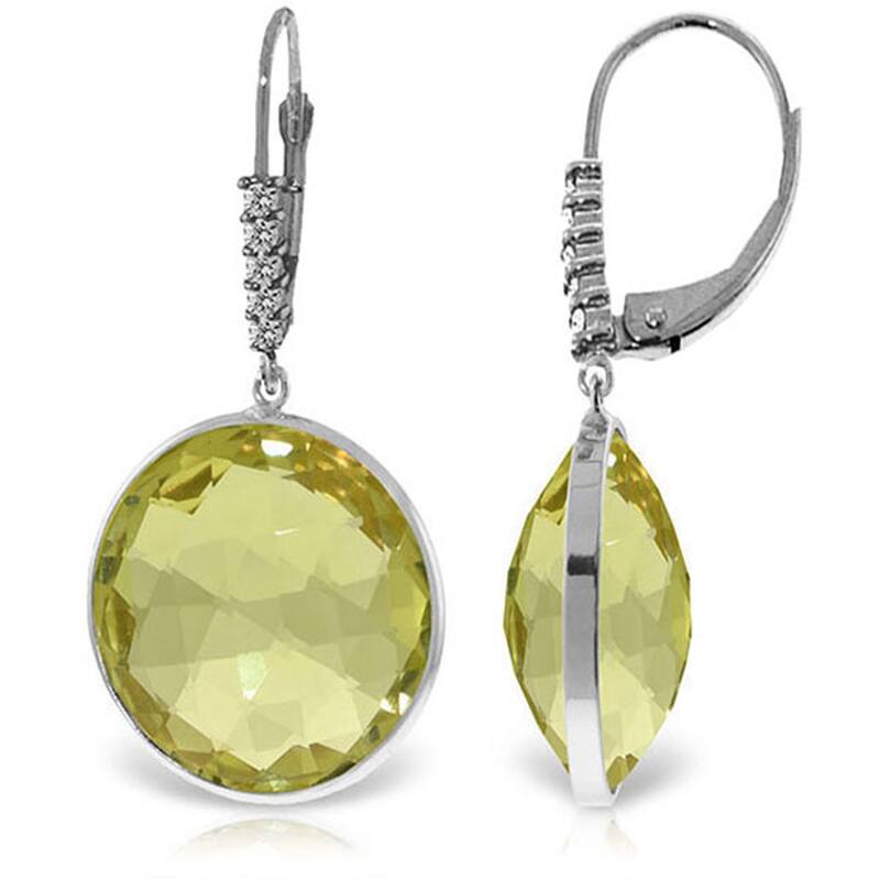 14K Solid Gold Diamonds Earrings w/ Checkerboard Cut Lemon Quartz - White