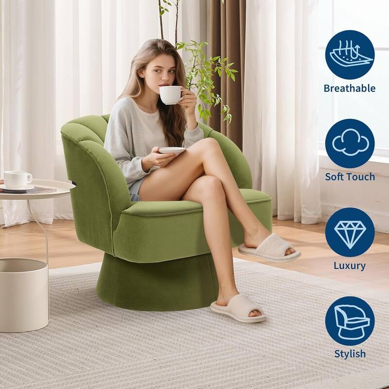 Velvet Upholstered 360° Swivel Accent Chair, Barrel Lounge Chair for Living, Bedroom Reading Nook