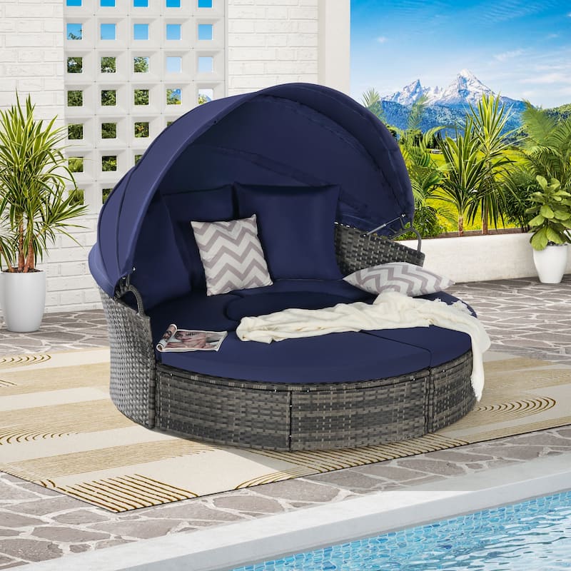 Outdoor Rattan Daybed Round Sunbed with Retractable Canopy, 5 Piece Sectional Patio Conversation Set with Storable Table