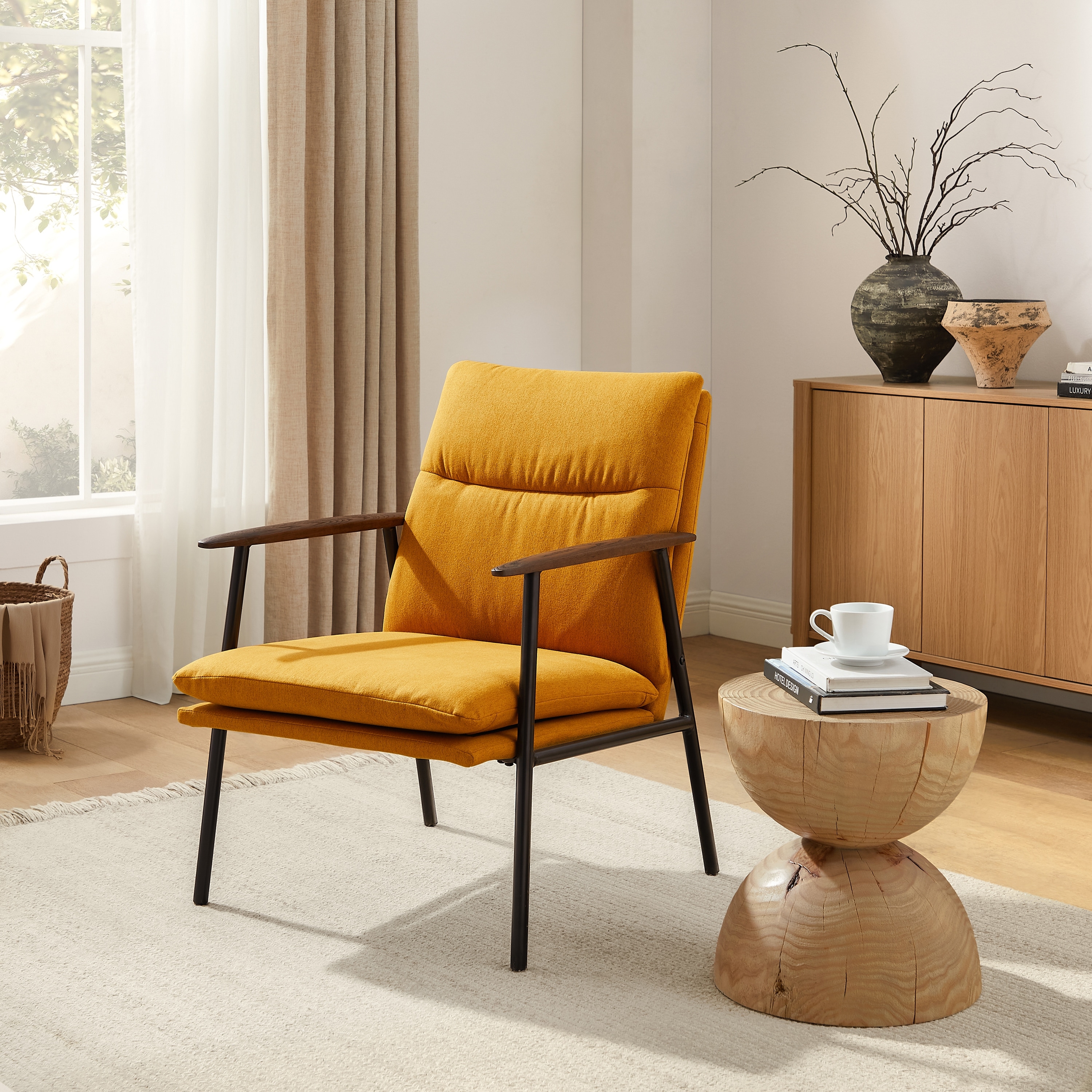 Minimalism Accent Side Chair with Metal Frame and Wooden Armrest
