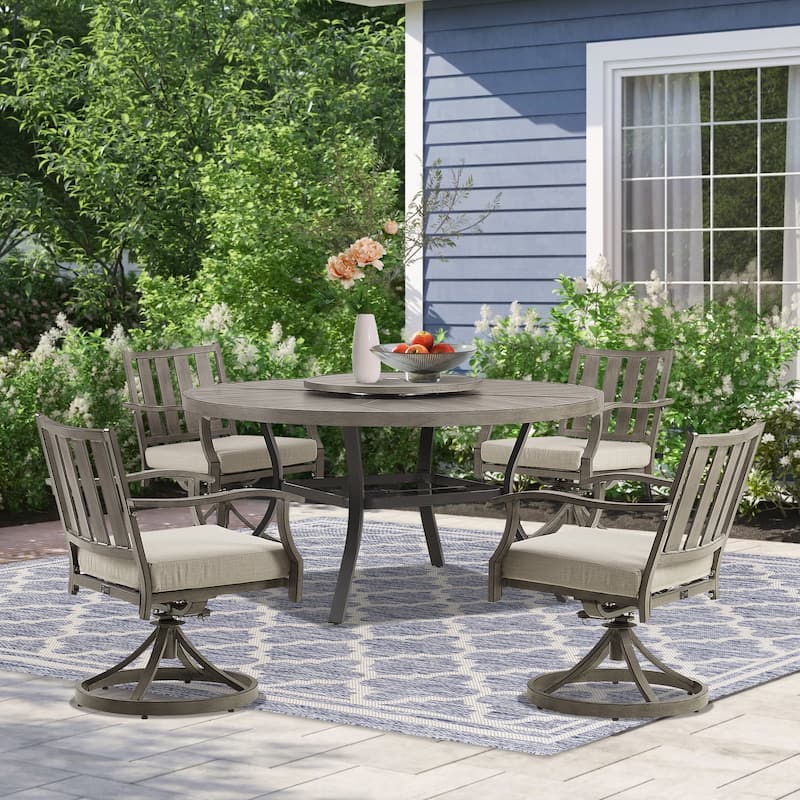 Patio Aluminum Round 59.5" Dining Table Set With Removable Lazy Susan - Cappuccino