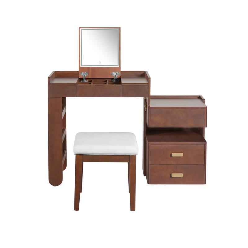 3-in-1 Makeup Vanity Desk with Stool, Flip-Top Mirror, Adjustable 3 Colors Lighting & Retractable Side Cabinet