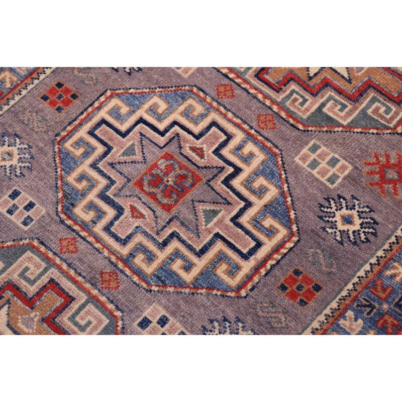 Southwestern Kazak Riley Gray/Light Blue Wool Runner - 2'7'' x 9'9''