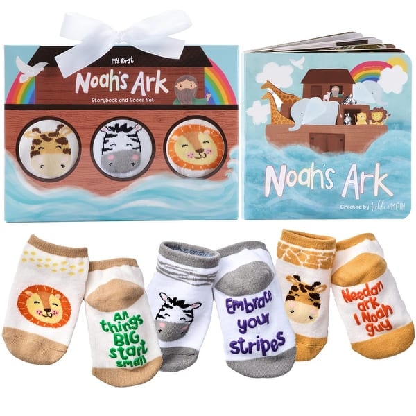 slide 2 of 8, Noah's Ark 4-Piece Gift Set for Infants 0-12 Months, Includes Storybook and 3 Pairs of Animal Socks Noah
