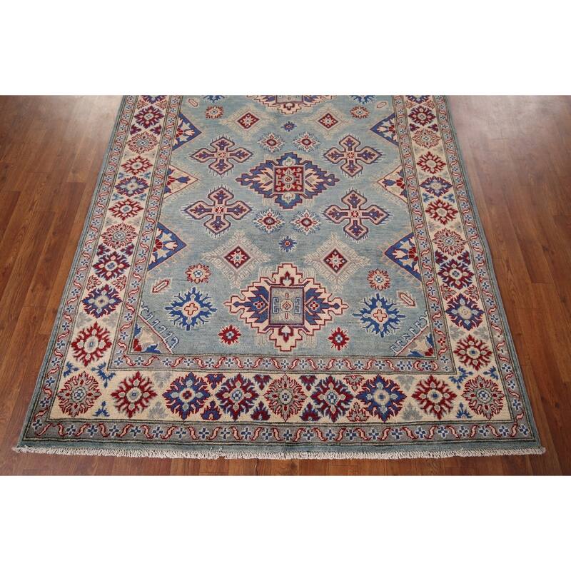 Light Blue Traditional / Geometric Kazak Rug Hand-Knotted Wool Carpet - 5'0" x 6'7"