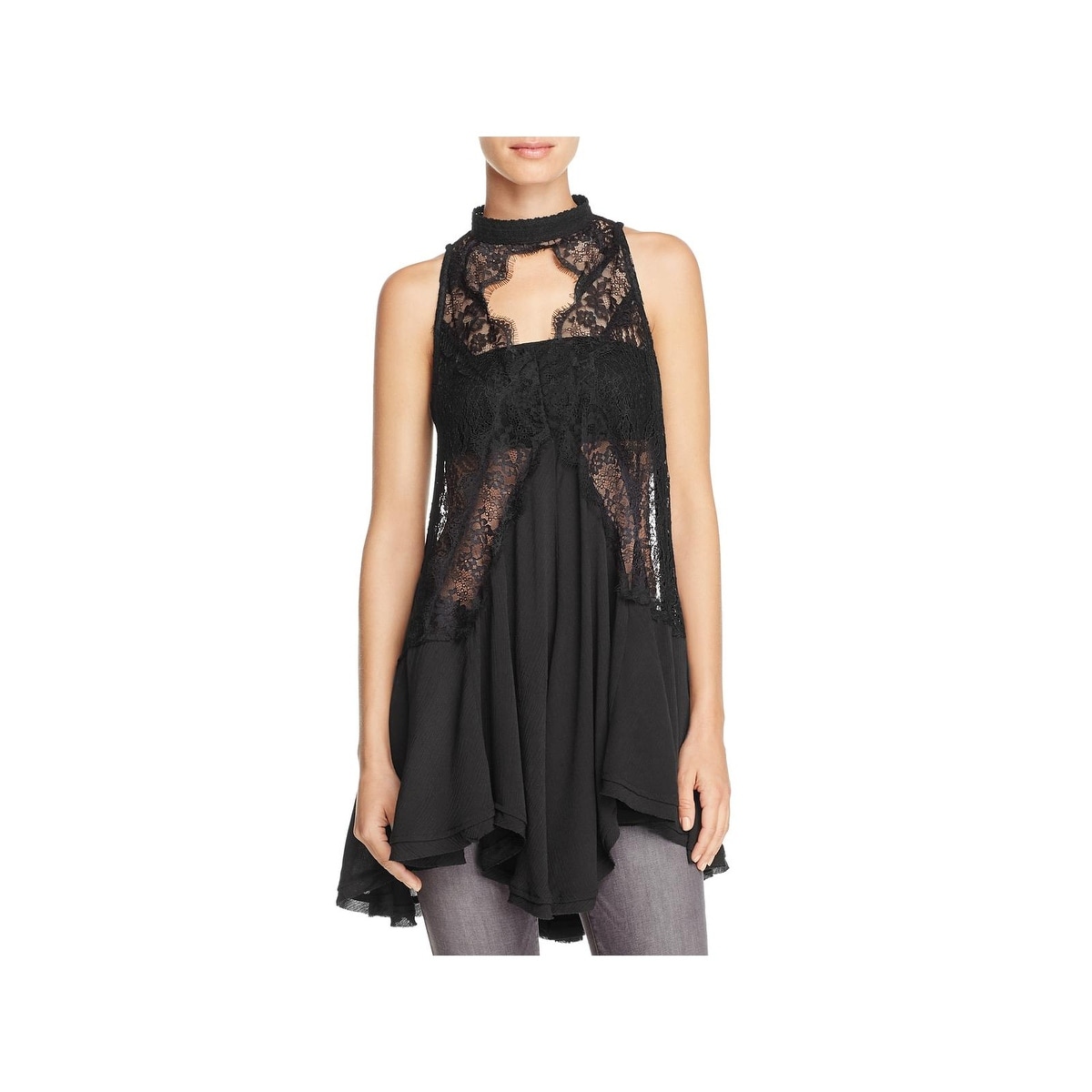 Free People Womens Tell Tale Lace Trim Cutout Halter Top