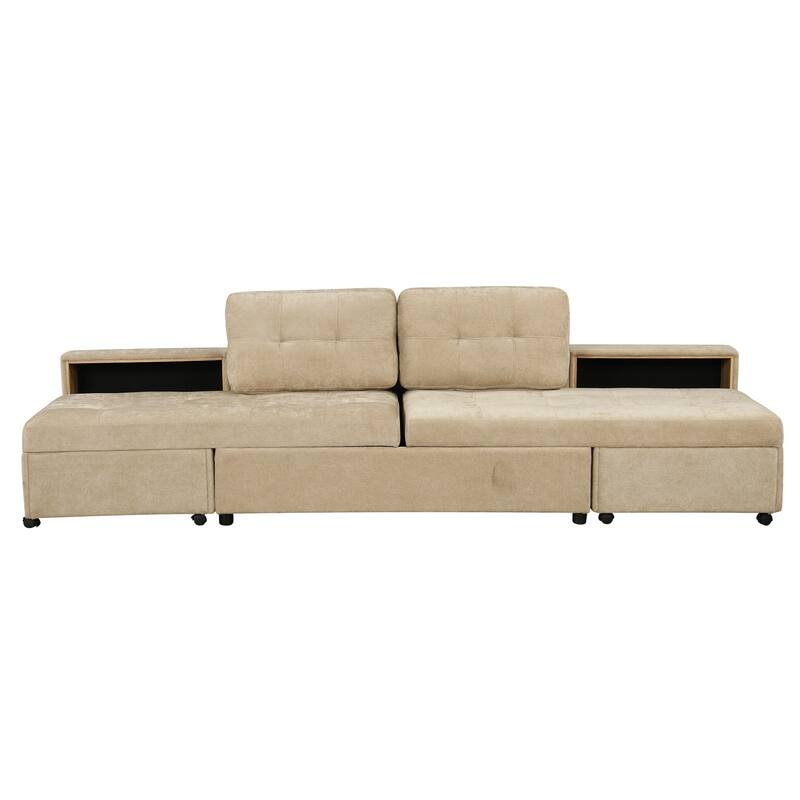121.2" Chenille Modular Sofa Bed with Two Storage Racks, Free-Combined Design, and Smooth-Rolling Wheels